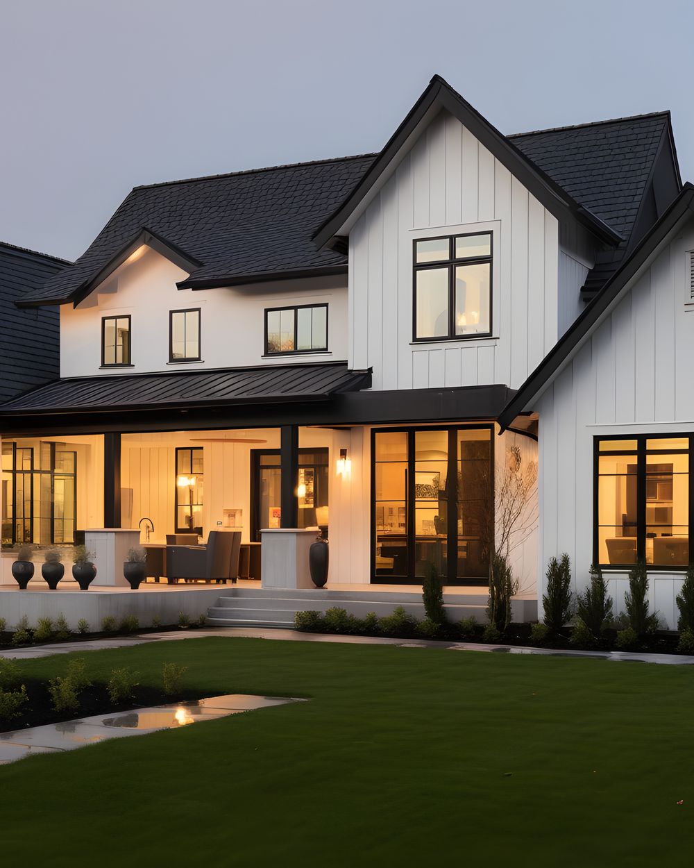 White farmhouse-style home with black trim, glowing windows and a landscaped lawn at dusk