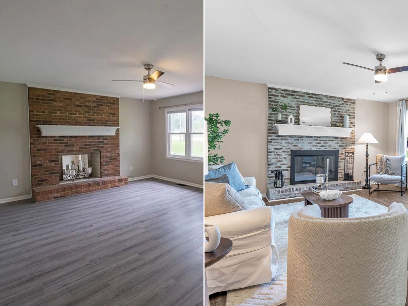 The living room at 722 Pope Field before staging, with a dated red brick fireplace and empty floor, and after staging, with a limewashed fireplace, light furniture and a rug.