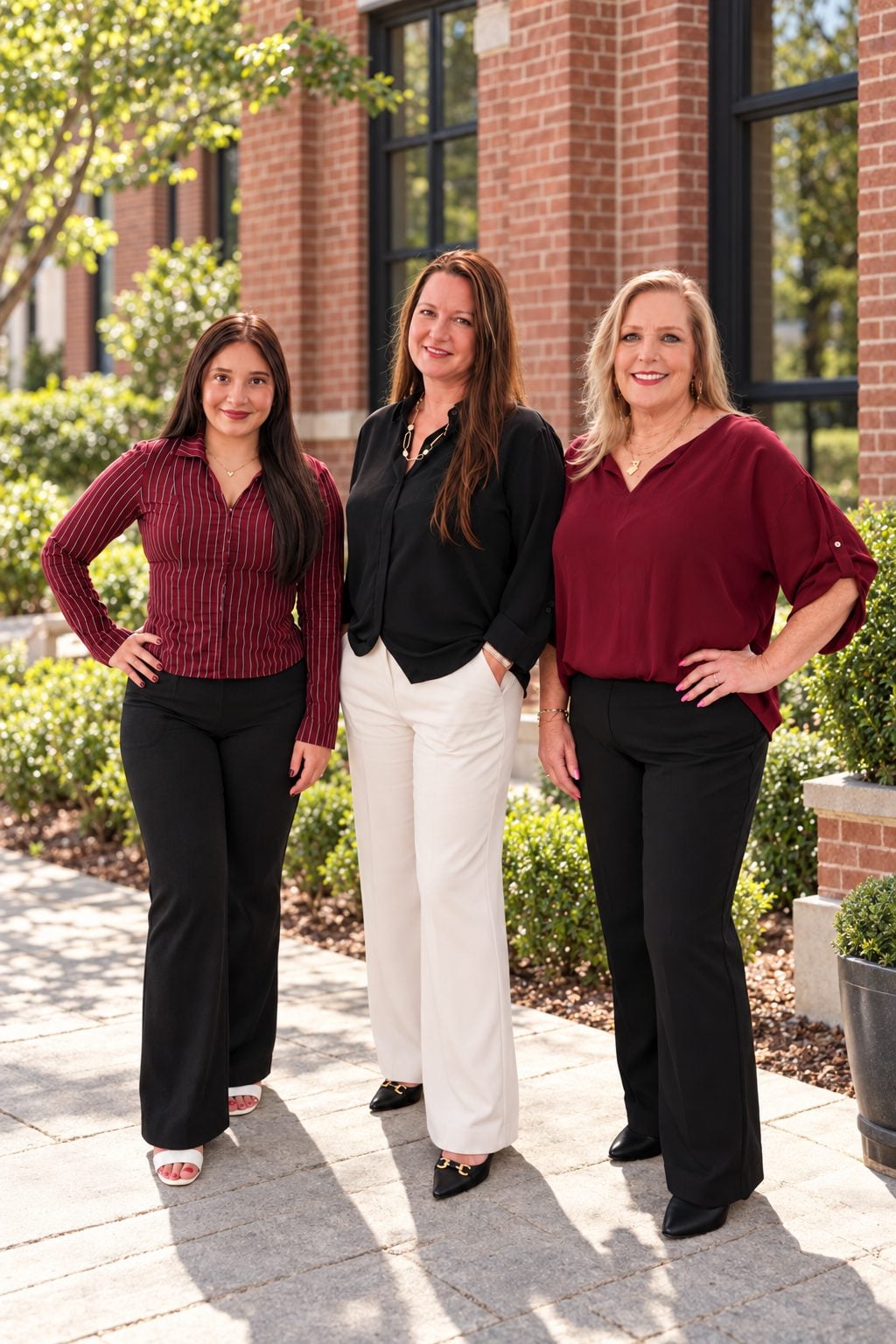 Laura Moore, right, with members of The Moore Team outside a brick office building