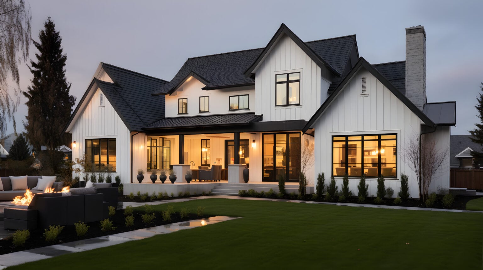 Beautiful modern farmhouse style luxury home exterior at twilight.