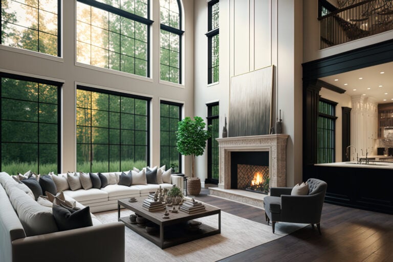 Beautiful living room interior with hardwood floors and fireplace in new luxury home. Large bank of windows hints at exterior view